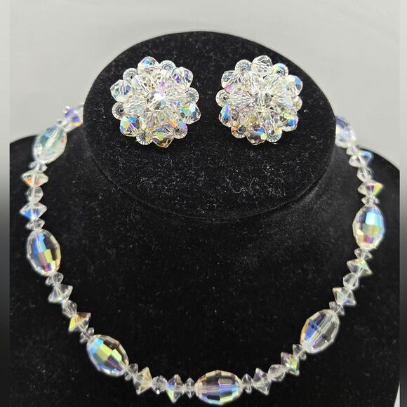 Vintage AB Crystal Necklace and Earrings set. Clip-on Earrings Hook clasp - Picture 1 of 10